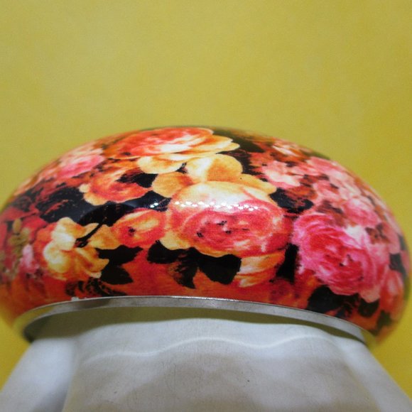 WIDE ENAMEL Cuff Bracelet Floral Enamel Bangle Cuff Bracelet Enamel SilverTone - Picture 5 of 9